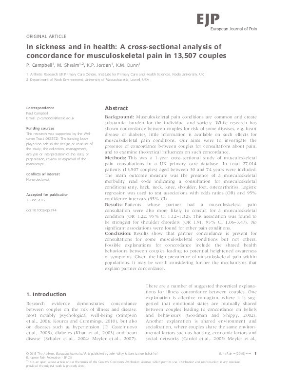 In sickness and in health: A cross-sectional analysis of concordance for musculoskeletal pain in 13,507 couples Thumbnail