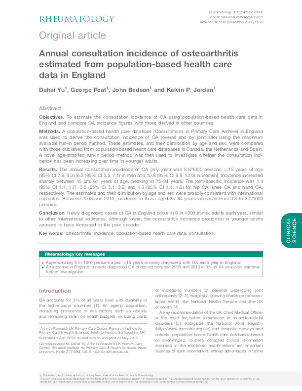  Annual consultation incidence of osteoarthritis estimated from population-based health care data in England Thumbnail
