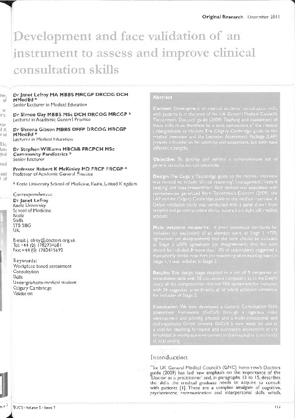 Development and face validation of an instrument to assess and improve clinical consultation skills Thumbnail