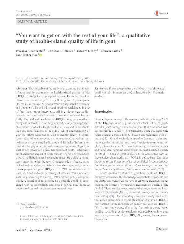 You want to get on with the rest of your life: a qualitative study of health-related quality of life in gout Thumbnail