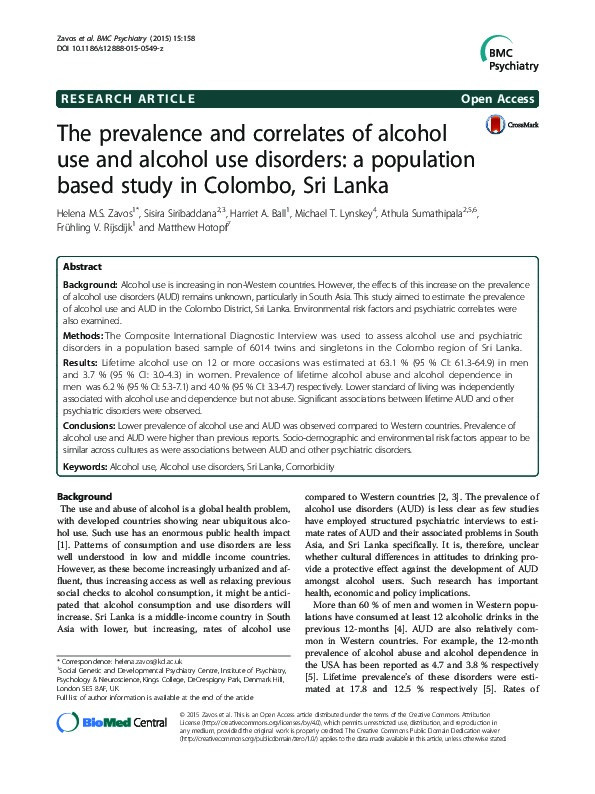The prevalence and correlates of alcohol use and alcohol use disorders: a population based study in Colombo, Sri Lanka. Thumbnail