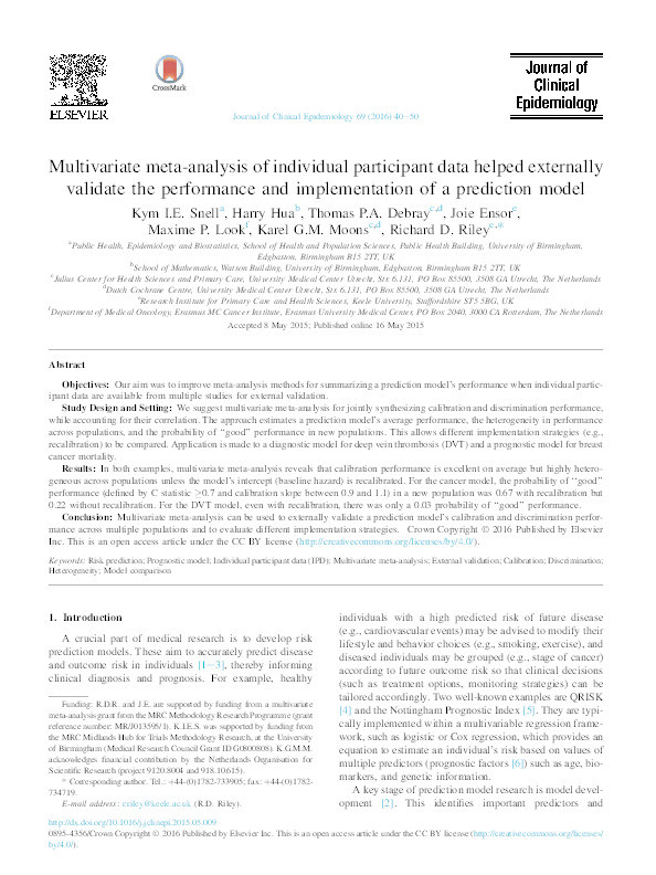 Multivariate meta-analysis of individual participant data helped externally validate the performance and implementation of a prediction model Thumbnail