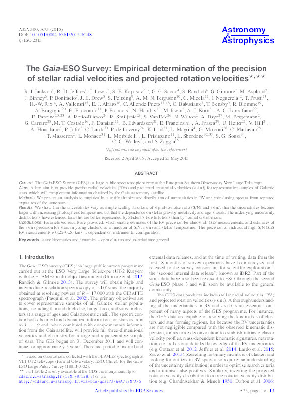 The Gaia-ESO Survey: empirical determination of the precision of stellar radial velocities and projected rotation velocities Thumbnail