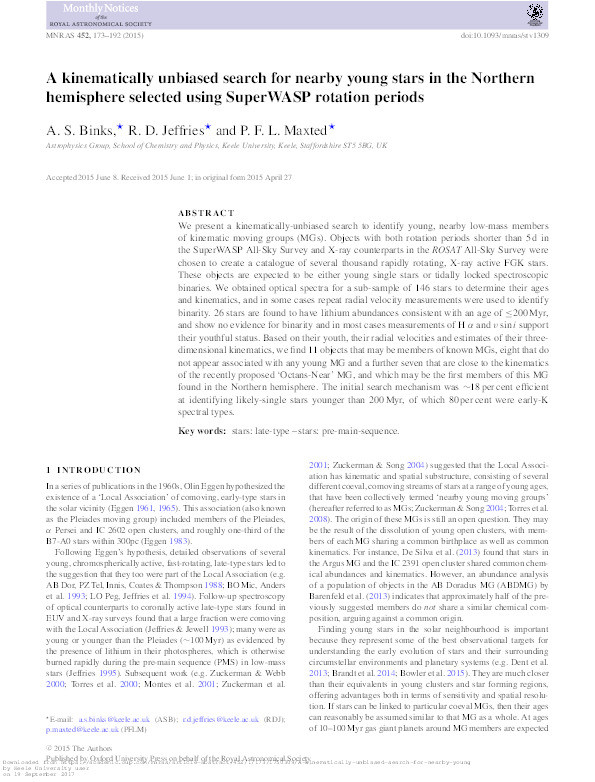 A kinematically unbiased search for nearby young stars in the Northern hemisphere selected using SuperWASP rotation periods Thumbnail