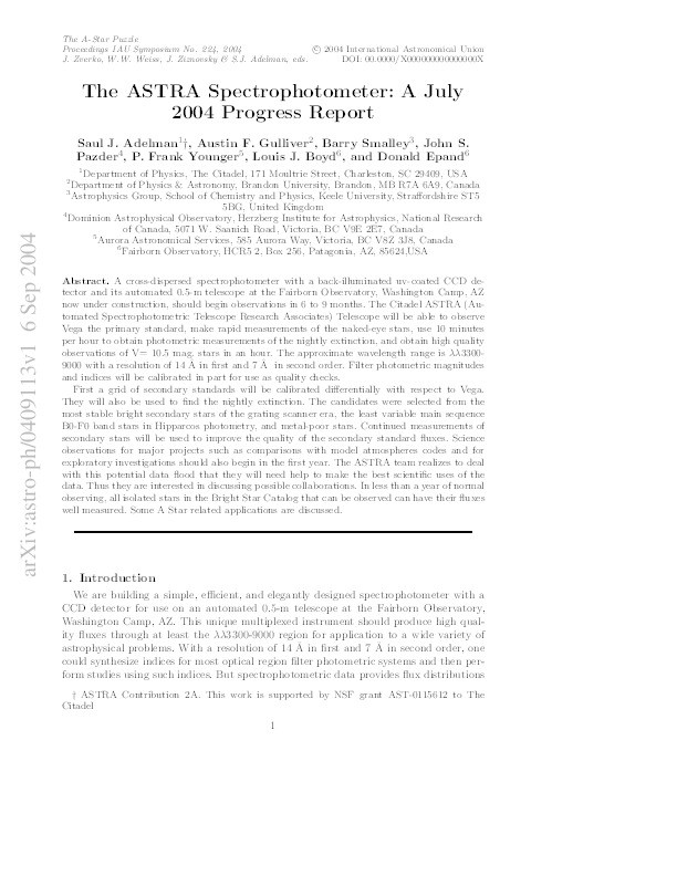 The ASTRA Spectrophotometer: A July 2004 Progress Report Thumbnail