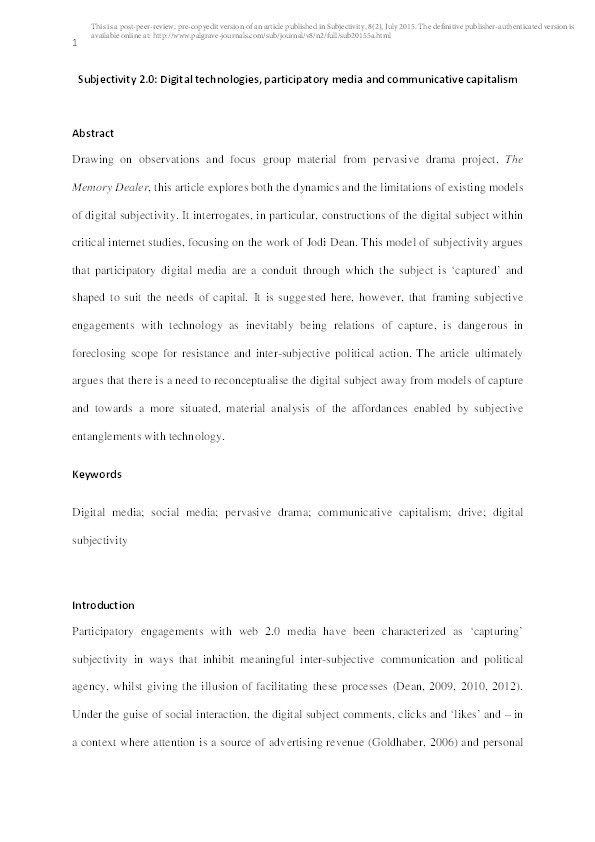 Subjectivity 2.0: digital technologies, participatory media and communicative capitalism Thumbnail