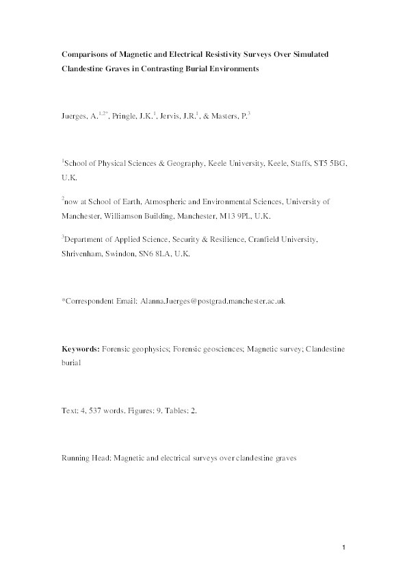 Comparisons of magnetic and electrical resistivity surveys over simulated clandestine graves in contrasting burial environments Thumbnail