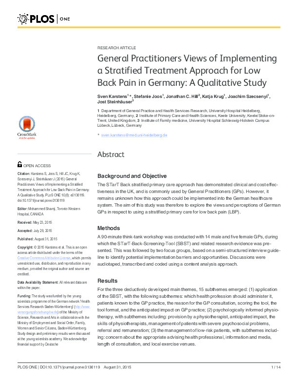 General Practitioners Views of Implementing a Stratified Treatment Approach for Low Back Pain in Germany: A Qualitative Study Thumbnail