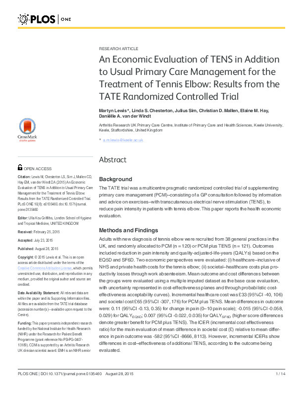 An Economic Evaluation of TENS in Addition to Usual Primary Care Management for the Treatment of Tennis Elbow: Results from the TATE Randomized Controlled Trial Thumbnail