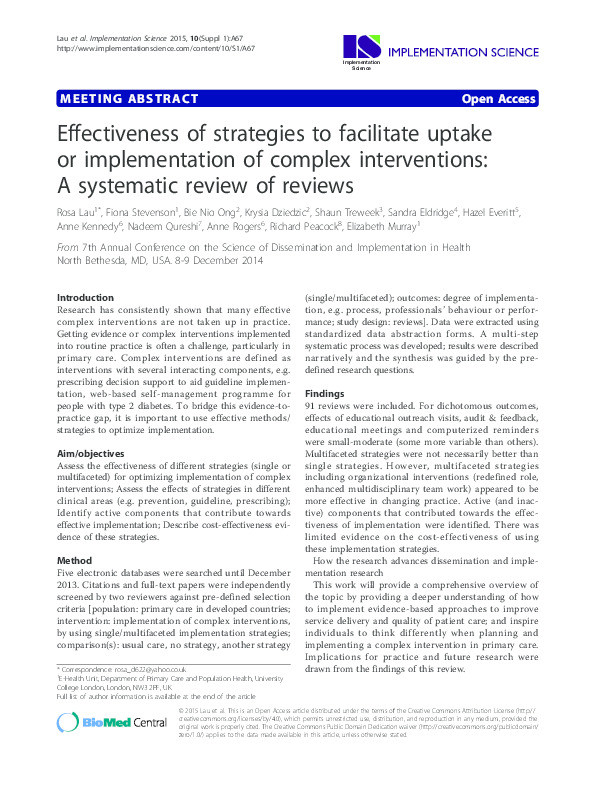 Effectiveness of strategies to facilitate uptake or implementation of complex interventions: A systematic review of reviews Thumbnail