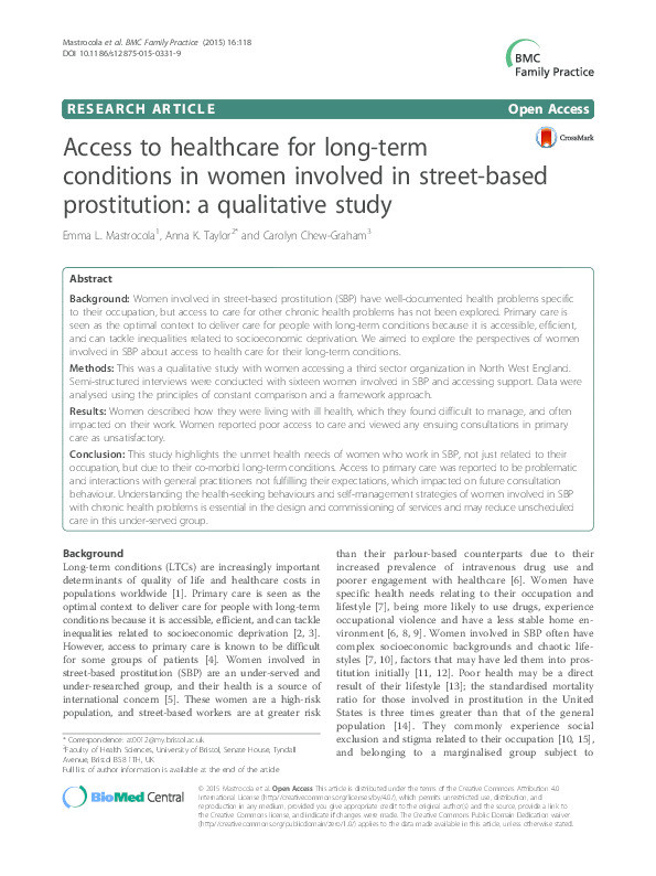 Access to healthcare for long-term conditions in women involved in street-based prostitution: a qualitative study Thumbnail