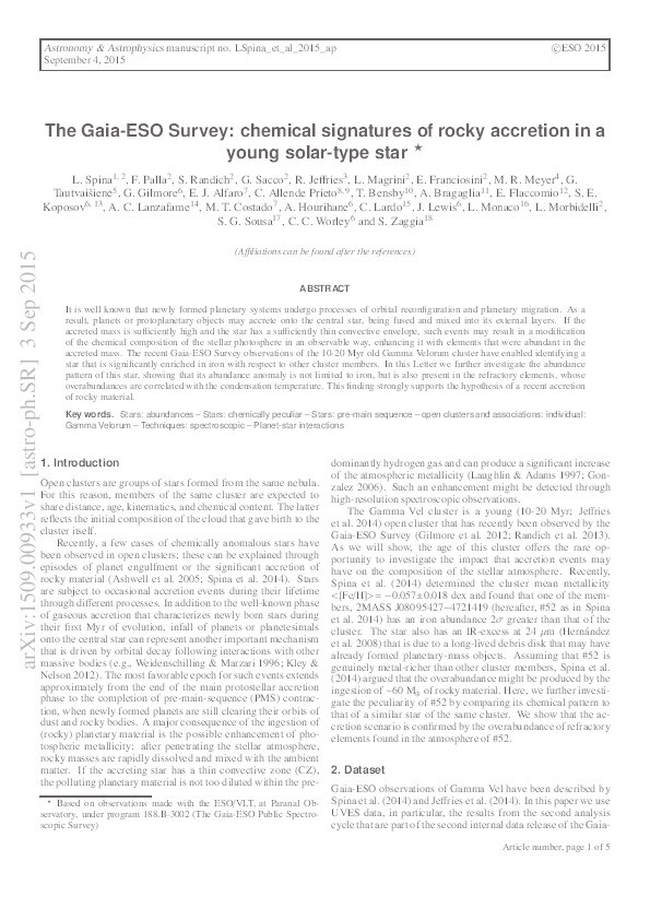 The Gaia-ESO Survey: chemical signatures of rocky accretion in a young solar-type star Thumbnail