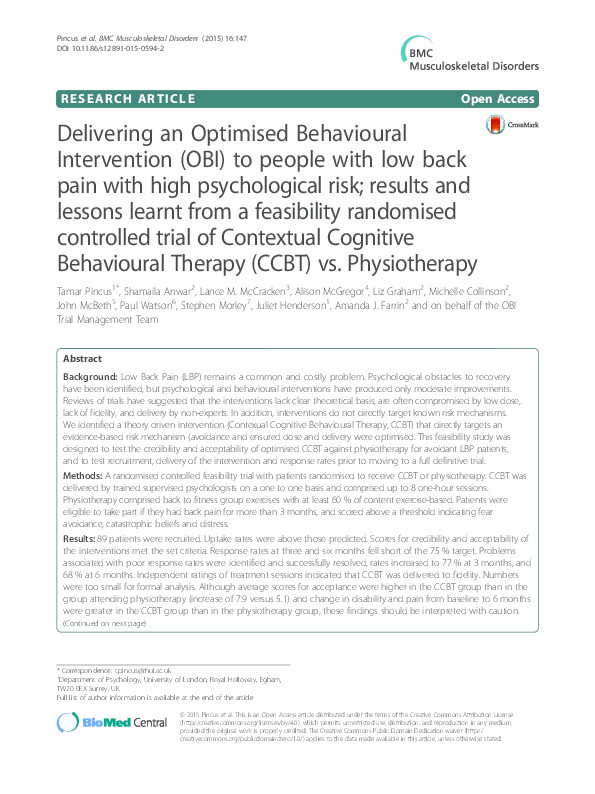 Delivering an Optimised Behavioural Intervention (OBI) to people with low back pain with high psychological risk; results and lessons learnt from a feasibility randomised controlled trial of Contextual Cognitive Behavioural Therapy (CCBT) vs. Physiotherapy Thumbnail