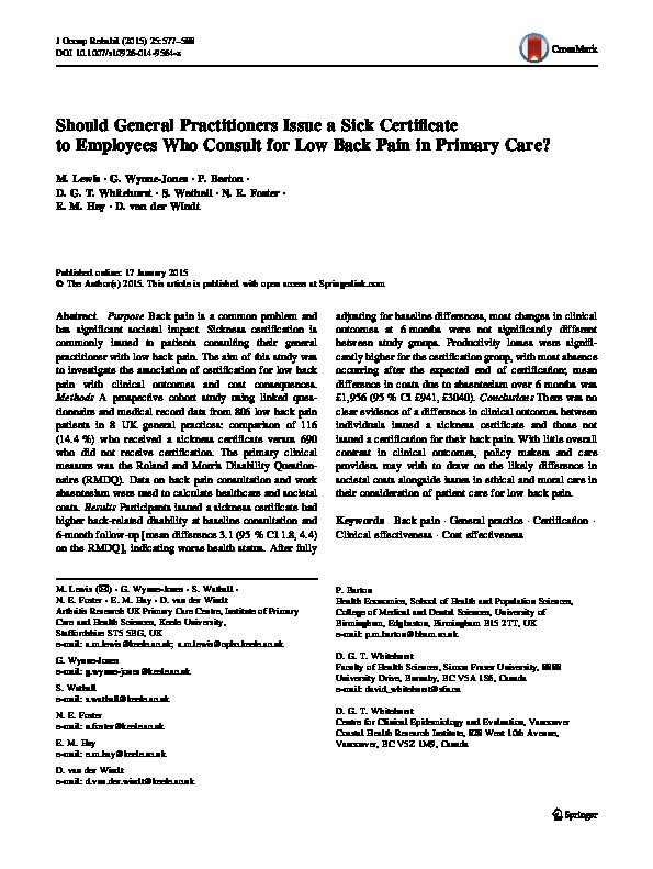 Should General Practitioners Issue a Sick Certificate to Employees Who Consult for Low Back Pain in Primary Care? Thumbnail