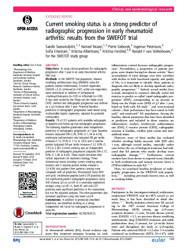 Current smoking status is a strong predictor of radiographic progression in early rheumatoid arthritis: results from the SWEFOT trial. Thumbnail