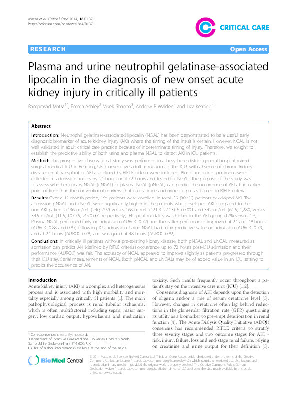 Plasma and urine neutrophil gelatinase-associated lipocalin in the diagnosis of new onset acute kidney injury in critically ill patients Thumbnail