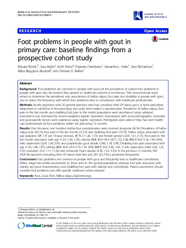 Foot problems in people with gout in primary care: baseline findings from a prospective cohort study Thumbnail