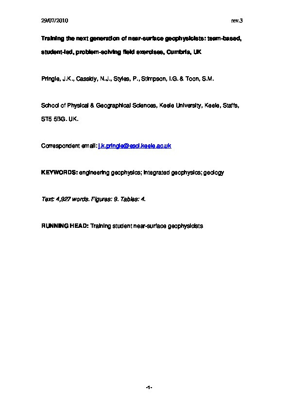 Training the next generation of near-surface geophysicists: team-based, student-led, problem-solving field exercises, Cumbria, UK Thumbnail