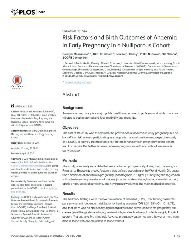 Risk factors and birth outcomes of anaemia in early pregnancy in a nulliparous cohort Thumbnail