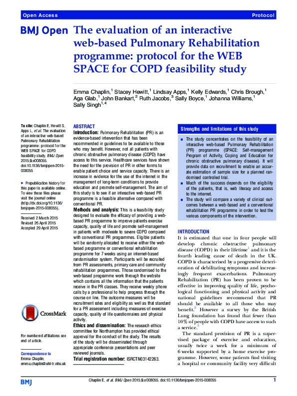 The evaluation of an interactive web-based Pulmonary Rehabilitation programme: protocol for the WEB SPACE for COPD feasibility study. Thumbnail