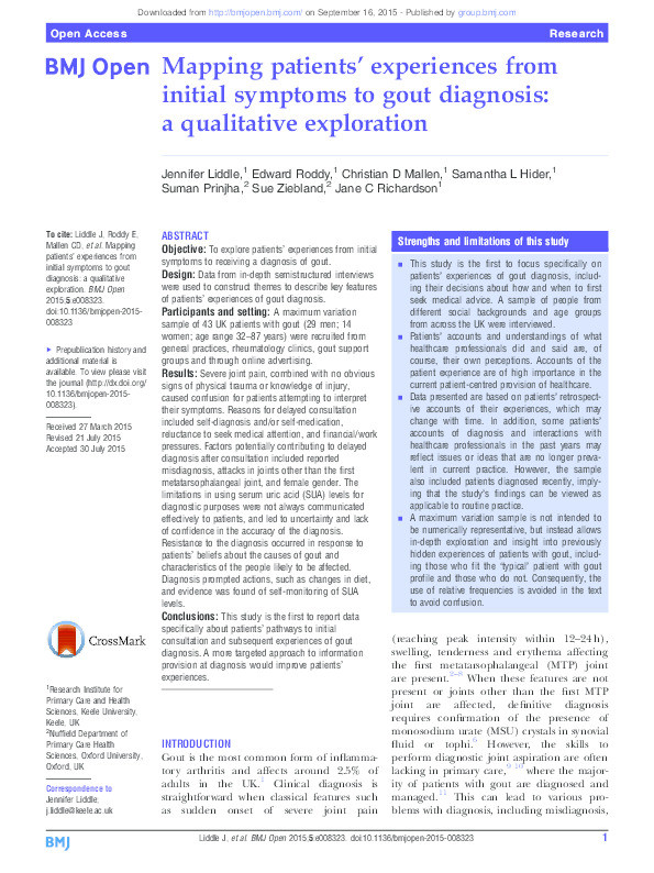 Mapping patients experiences from initial symptoms to gout diagnosis: a qualitative exploration Thumbnail