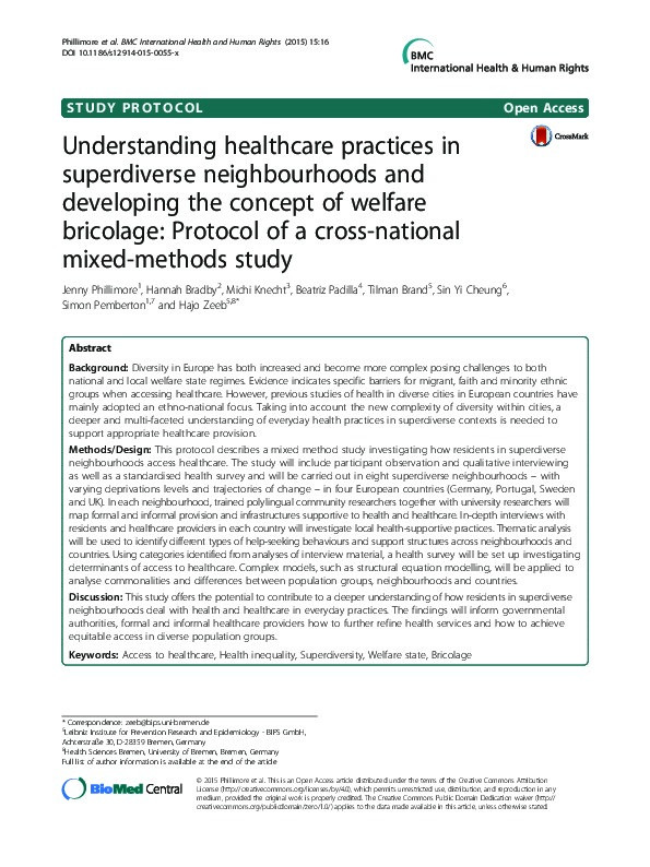 Understanding healthcare practices in superdiverse neighbourhoods and developing the concept of welfare bricolage: protocol of a cross-national mixed-methods study Thumbnail