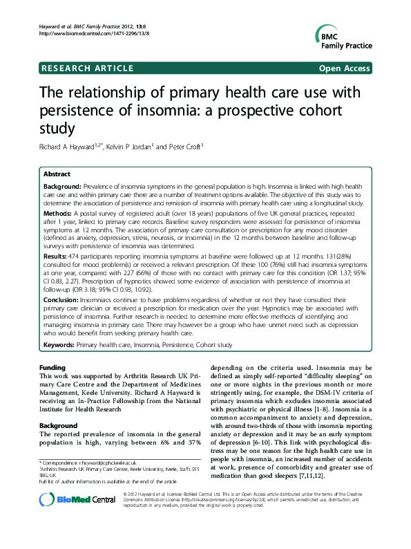 The relationship of primary health care use with persistence of insomnia: a prospective cohort study Thumbnail