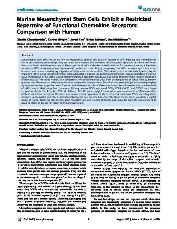 Murine mesenchymal stem cells exhibit a restricted repertoire of functional chemokine receptors: comparison with human Thumbnail