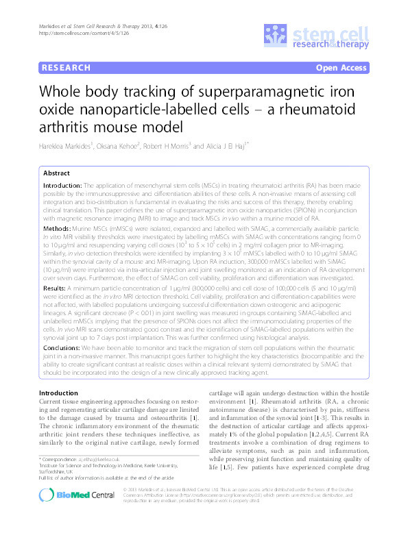 Whole body tracking of superparamagnetic iron oxide nanoparticle-labelled cells--a rheumatoid arthritis mouse model Thumbnail