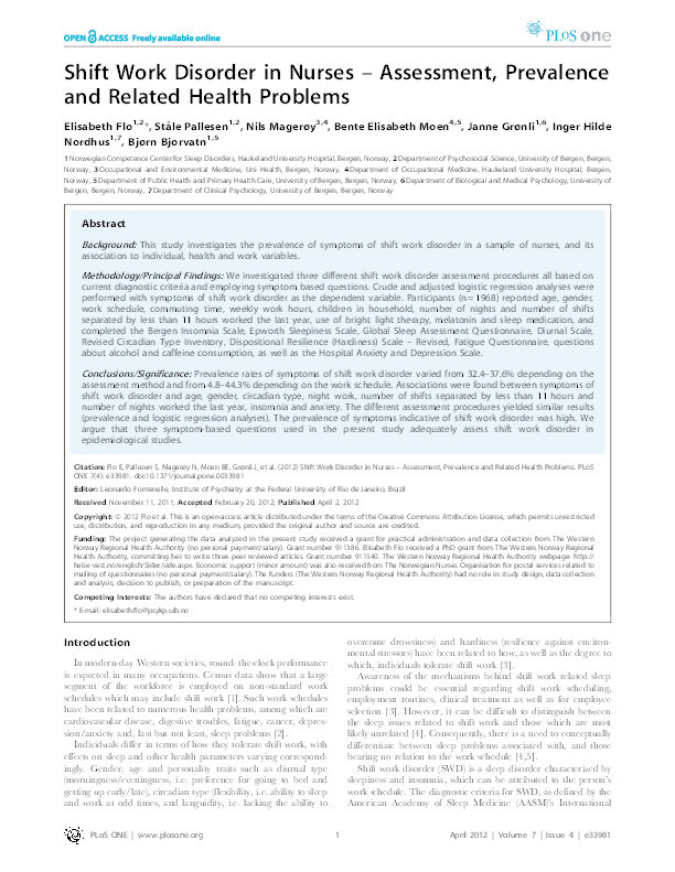 Shift work disorder in nurses--assessment, prevalence and related health problems Thumbnail