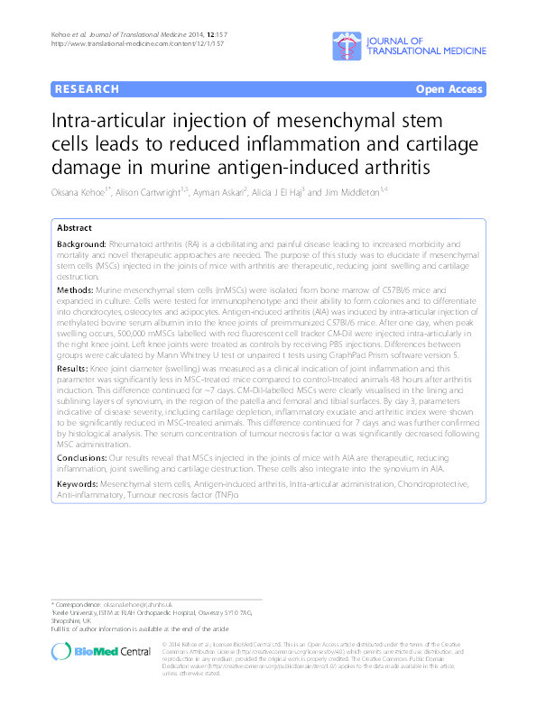 Intra-articular injection of mesenchymal stem cells leads to reduced inflammation and cartilage damage in murine antigen-induced arthritis Thumbnail