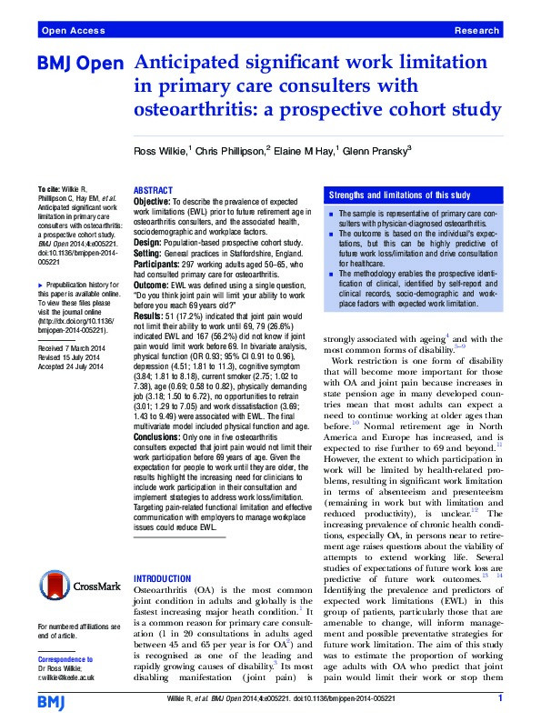 Anticipated significant work limitation in primary care consulters with osteoarthritis: a prospective cohort study Thumbnail