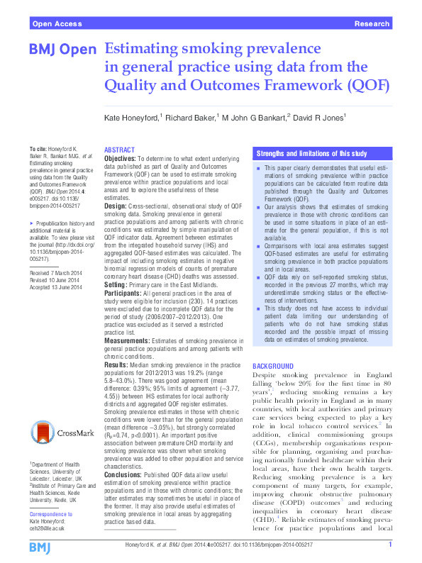 Estimating smoking prevalence in general practice using data from the Quality and Outcomes Framework (QOF) Thumbnail