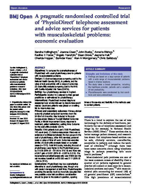 A pragmatic randomised controlled trial of 'PhysioDirect' telephone assessment and advice services for patients with musculoskeletal problems: economic evaluation Thumbnail