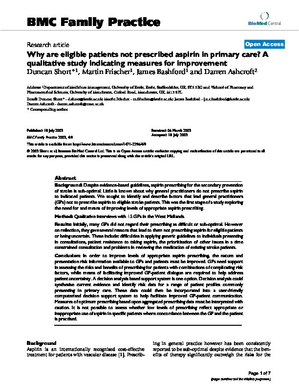 Why are eligible patients not prescribed aspirin in primary care?: a qualitative study indicating measures for improvement Thumbnail