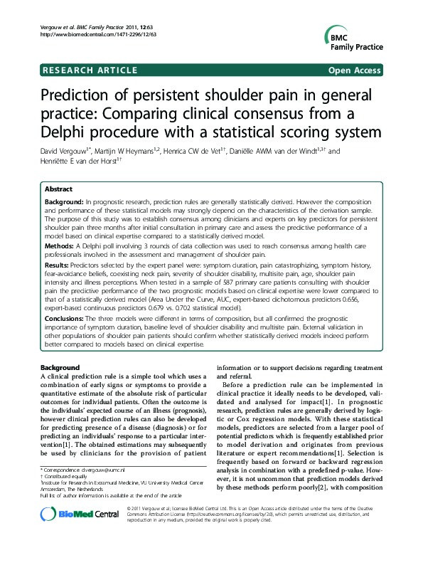 Prediction of persistent shoulder pain in general practice: comparing clinical consensus from a Delphi procedure with a statistical scoring system Thumbnail