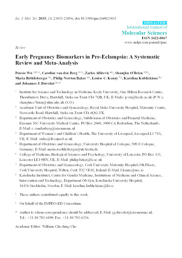 Early pregnancy biomarkers in pre-eclampsia: A systematic review and meta-analysis Thumbnail