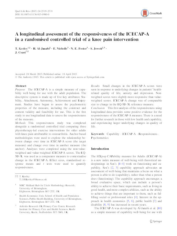 A longitudinal assessment of the responsiveness of the ICECAP-A in a randomised controlled trial of a knee pain intervention Thumbnail