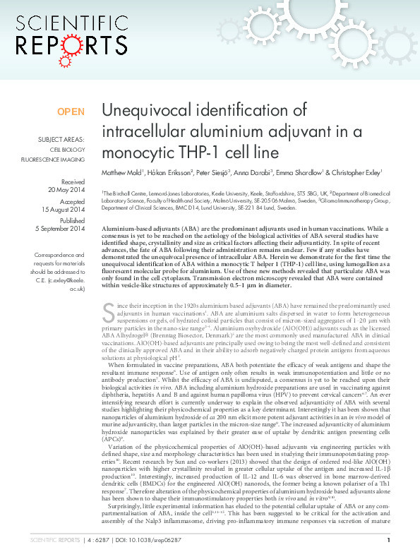 Unequivocal identification of intracellular aluminium adjuvant in a monocytic THP-1 cell line. Thumbnail