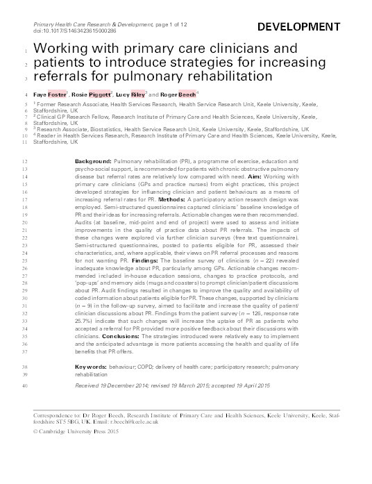Working with primary care clinicians and patients to introduce strategies for increasing referrals for pulmonary rehabilitation. Thumbnail