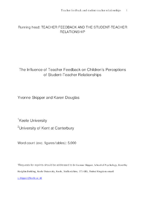 The influence of teacher feedback on children's perceptions of student-teacher relationships. Thumbnail