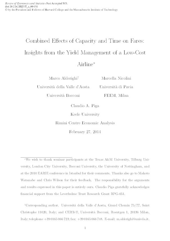 Combined Effects of Capacity and Time on Fares: Insights from the Yield Management of a Low-Cost Airline Thumbnail