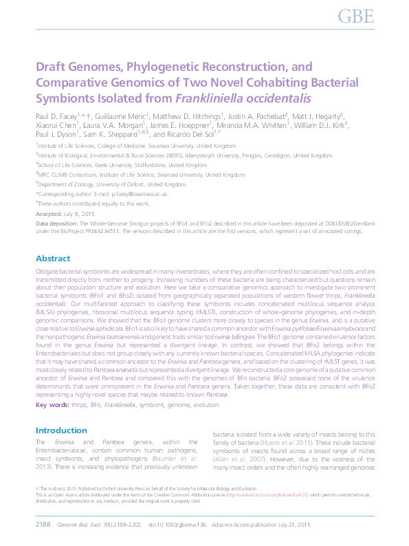 Draft Genomes, Phylogenetic Reconstruction, and Comparative Genomics of Two Novel Cohabiting Bacterial Symbionts Isolated from Frankliniella occidentalis. Thumbnail
