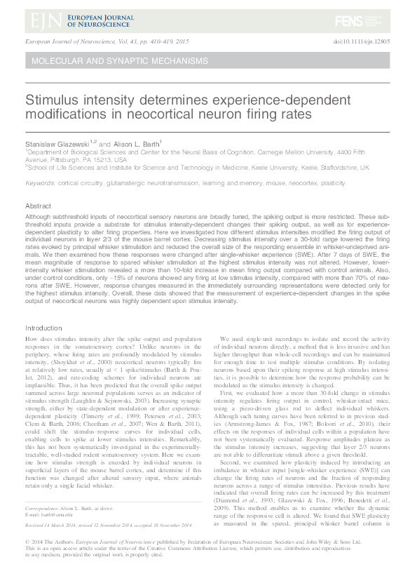 Stimulus intensity determines experience-dependent modifications in neocortical neuron firing rates. Thumbnail