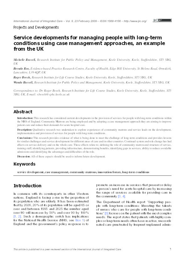 Service developments for managing people with long-term conditions using case management approaches, an example from the UK. Thumbnail