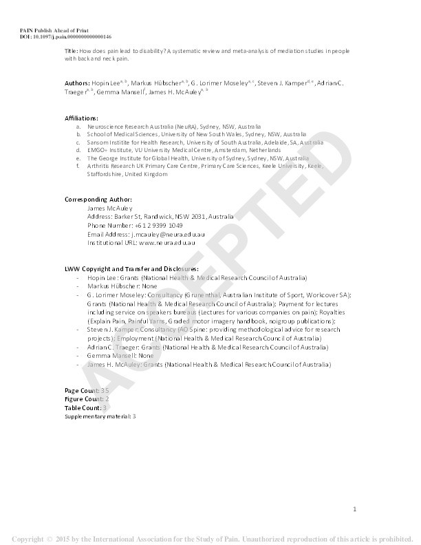 How does pain lead to disability? A systematic review and meta-analysis of mediation studies in people with back and neck pain. Thumbnail