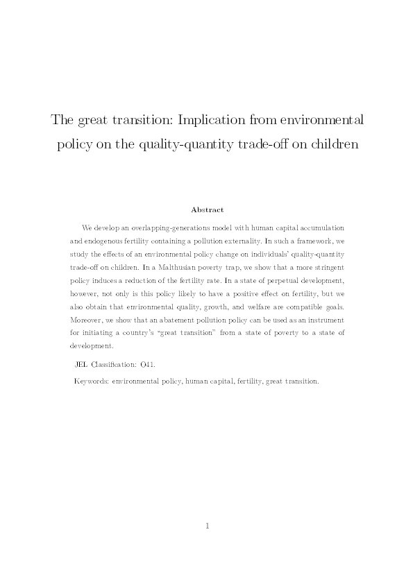 The great transition: implications from environmental policy on the quality-quantity trade-off on children Thumbnail
