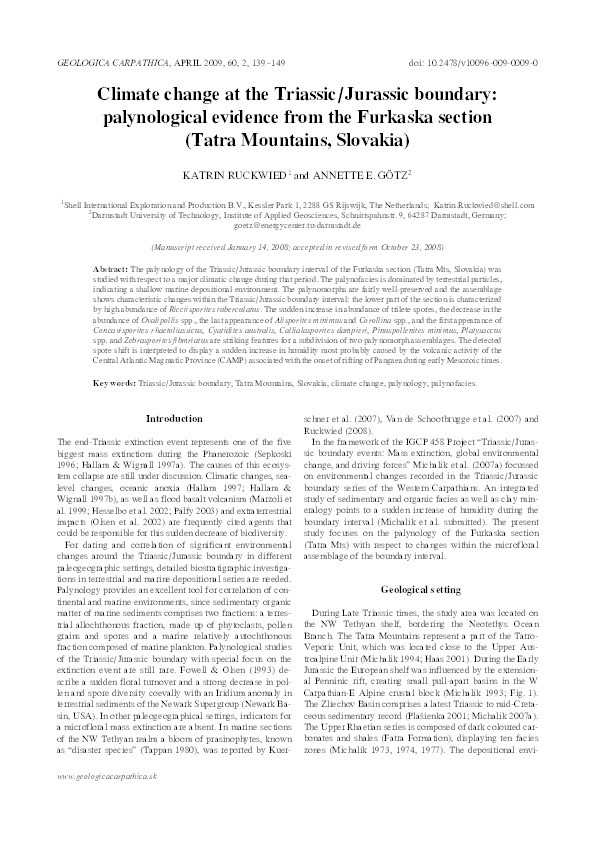 Climate change at the Triassic/Jurassic boundary: palynological evidence from the Furkaska section (Tatra Mountains, Slovakia) Thumbnail