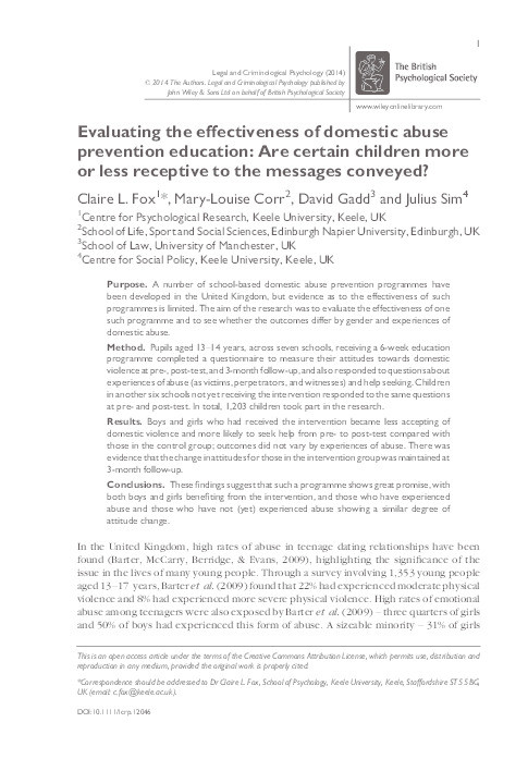 Evaluating the effectiveness of domestic abuse prevention education: Are certain children more or less receptive to the messages conveyed? Thumbnail