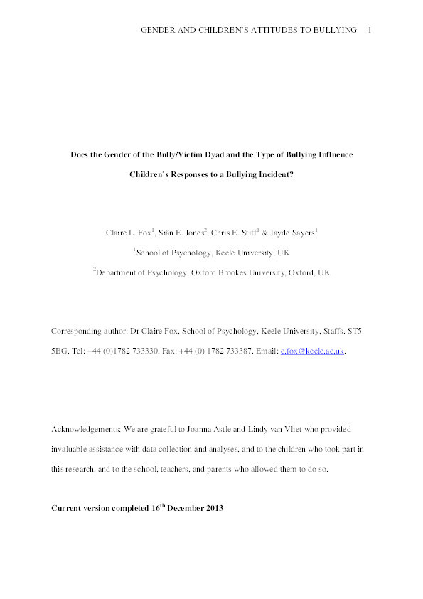 Does the gender of the bully/victim dyad and the type of bullying influence children's responses to a bullying incident? Thumbnail